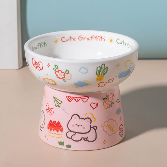 Graffiti Ceramic Pet Bowl – Cartoon Style, Elevated & Wide-Mouth Design