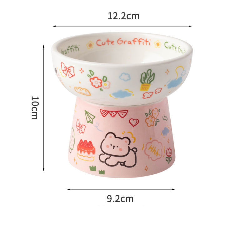 Graffiti Ceramic Pet Bowl – Cartoon Style, Elevated & Wide-Mouth Design
