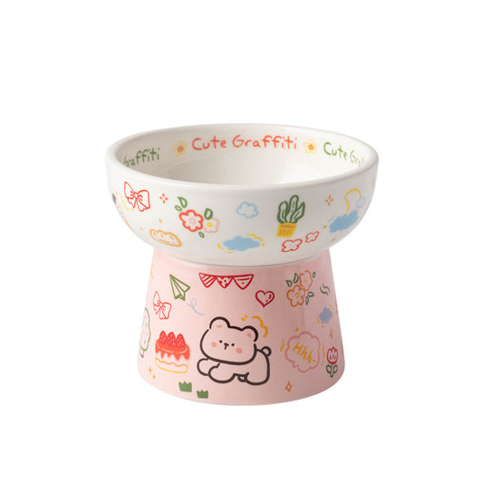 Graffiti Ceramic Pet Bowl – Cartoon Style, Elevated & Wide-Mouth Design