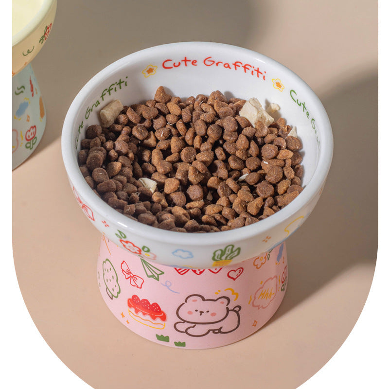 Graffiti Ceramic Pet Bowl – Cartoon Style, Elevated & Wide-Mouth Design