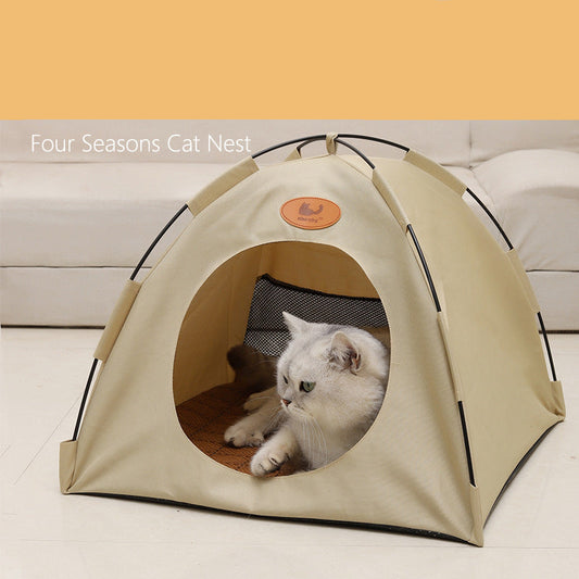 Summer Washable Foldable Pet Tent Bed – Breathable Semi-Enclosed for Cats & Small Dogs